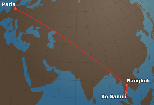 Route Paris - Bangkok - Ko Samui